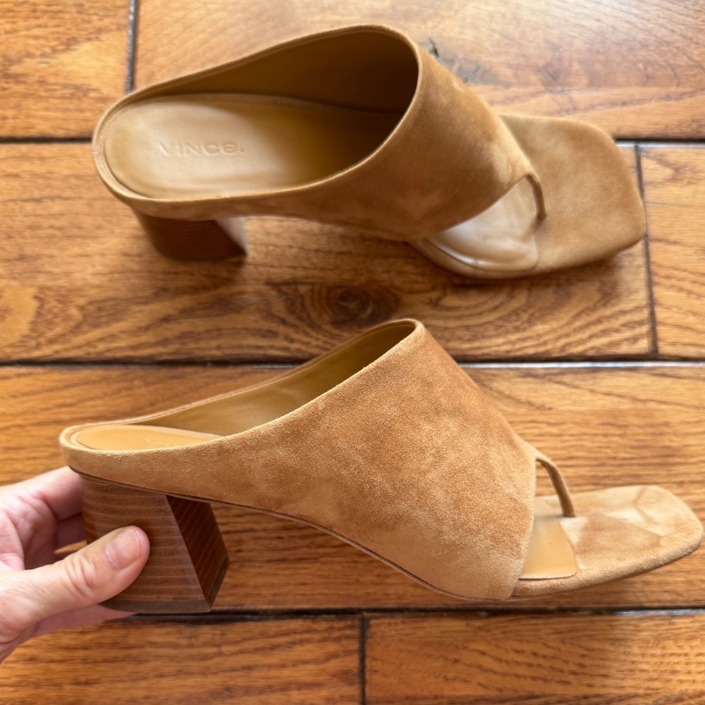 Vince Dionne Heeled Suede Thong Mule Sandal Womens 10 Tan Square Toe Block Italy